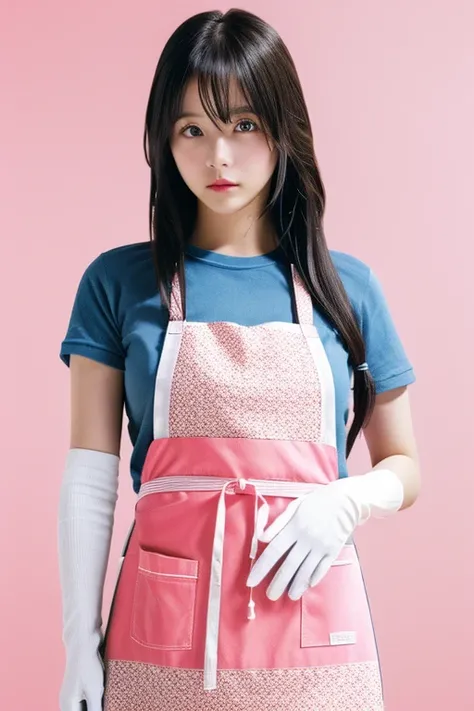  1 girl, Long Hair, apron、pink、Gloves、, focus your gaze, Simple Background, Best Quality,  High Resolution , 