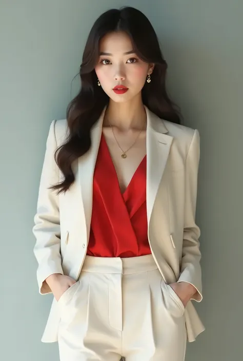 young Japanese woman, long straight hair in dark brown color, brown eyes and fair skin. Wear bright red lipstick, with the background of a light gray wall and she is wearing an off-white blazer and a red blouse without a neckline and off-white dress pants....