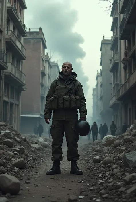 A destroyed city ,  with crumbling buildings and smoke rising . in the center,  an exhausted Ukrainian soldier , holding a helmet. around,  wreckage and some civilians watching in silence,  with sad and tired expressions .  The color palette uses dark and ...