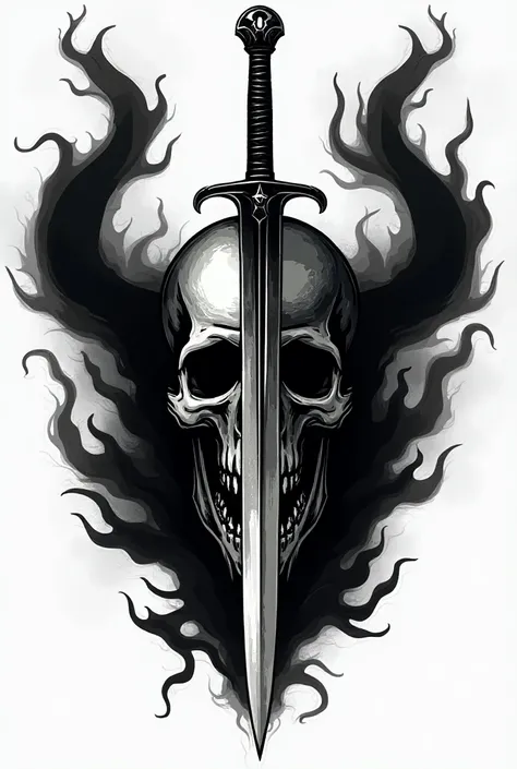  a 2d tattoo logo associated with destiny Hunting in black and white , There is a figure of a sword slashing through the skull , there is a smoke behind our skull in a simple but understandable way
