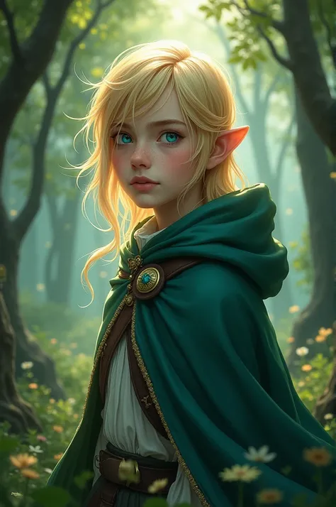 je souhaite créer une image dun mage de la forêt adolescent blond cheveux long aux yeux bleus mince +- 175cm avec un chapeau et une cape ainsi que des cornes de serre dans une forêt magique dans les tons verts 