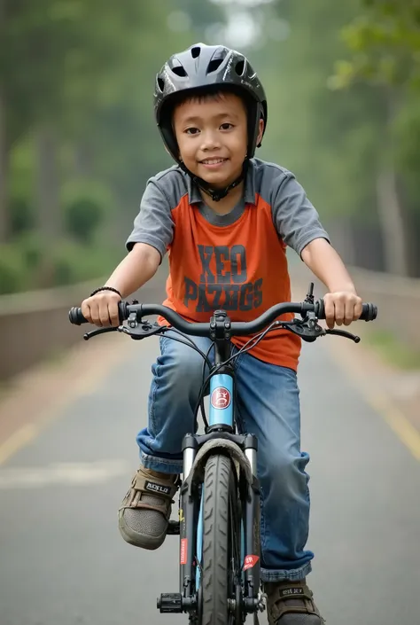 A asian boy riding on bike