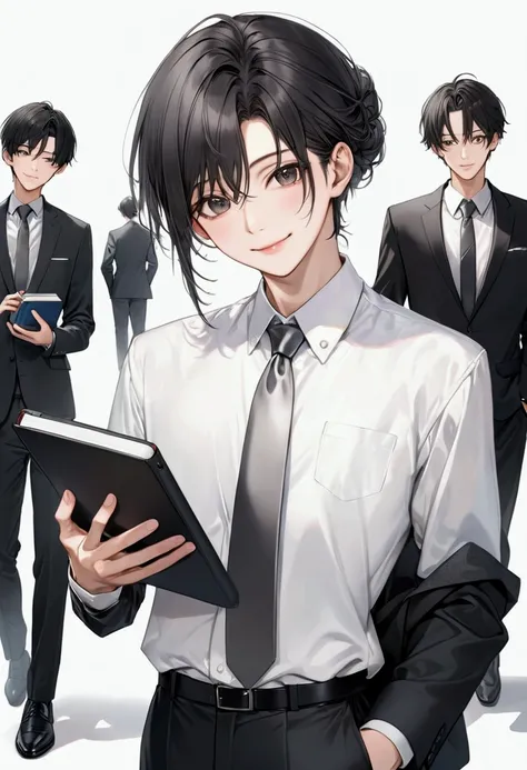 photorealistic, Best quality, high resolution, masterpiece, a cute female student, teenage (), Japanese teenage with updo black hair, wearing white shirt, ((dark grey suit)), ((pure silver tie)) , black pencil skirt, black cut-shoes (One hand holding ipad)...