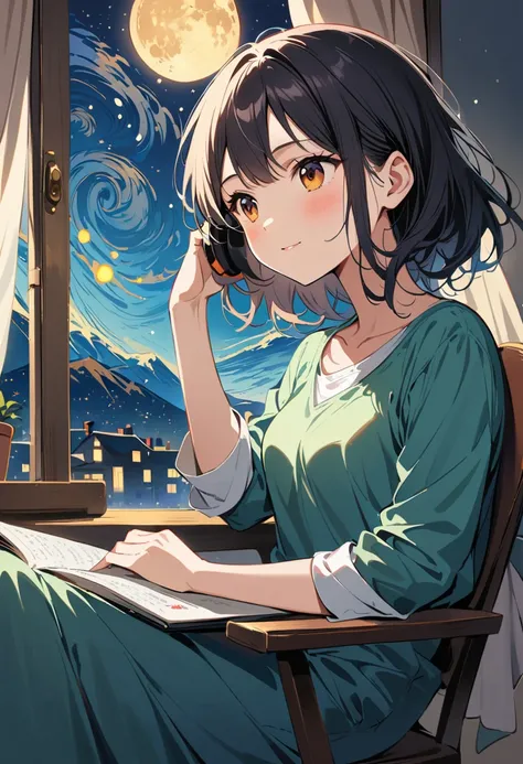 a happy girl, studying in your room, sitting on the chair,  starry night,  looking out the window , listening to music,