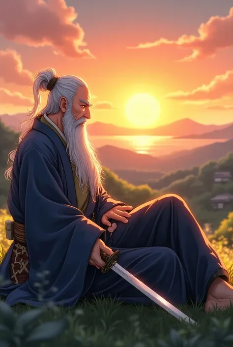 an ancient gentleman with his sword posing on the ground contemplating the sunrise anime style
