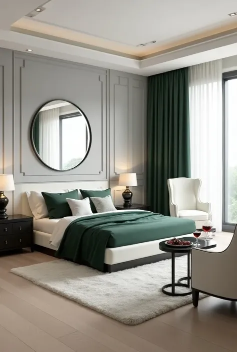 Professional 3d architecture rendering design of modern and minimal and high tech design for elegant bedroom with white bone bed  with dark green blanket and sheets and black wooden and bedside table and elegant and chic design  white shade lamps and woode...