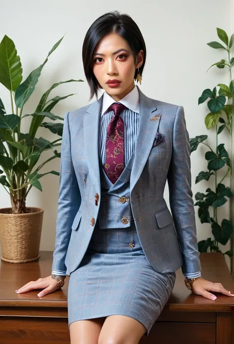 score_9, score_8_up, score_7_up, source_anime, hi res, masterpiece, best quality, highres, three-piece suit, 1girl, jewelry, formal, ada wong, black hair, earrings, suit, lips, looking at viewer, buttons, plant, striped, striped shirt with white collar, st...