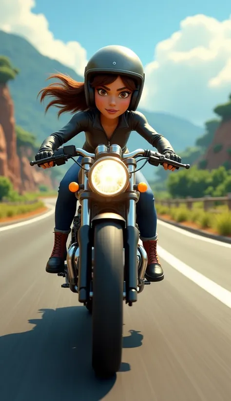 Woman on a motorcycle with helmet looks like she is riding at high speed realistic 3D Pixar 