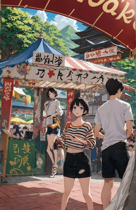 1boy,  1girl, standing  together at festival, BREAK, (man : short pant), BREAK, (woman: denim pencil skirt), BREAK, ((masterpiece:1.2), (best quality:1.2), (very aesthetic:1.2), (absurdres:1.2), (detailed background),intricate details, newest, sfw, (full b...