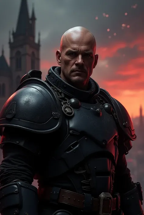 man. 
legs with boots. 
with armor. 
calvo. 
Without Beard. 
A spotlight illuminates the face .
 The background of the portrait is a Gothic city with a sky full of big red clouds and stars. Warhammer 40000 art and design.