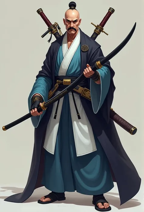   Full Body Portrait  , 1,68, Bald  ,  thin mustache 、 kung fu master style , Black Eyes, Blue and white kimono,  black cape on top 、Wear a hat,  black sword with gold decoration on the right side ,  Japanese bow on back ,  staff with seals to help you wal...