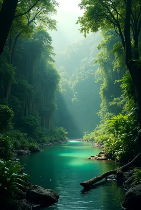 Landscape of high jungle and a lake