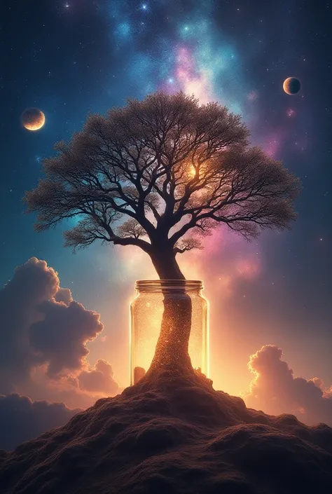 A majestic tree stant vibrant, swirling galaxy, with stars and planets from our solar system twinkling in the distance. The jars curves blend seamlessly with the cosmos, as if its a cosmic container holding the trees essence. Shot in breathtaking 8K high d...