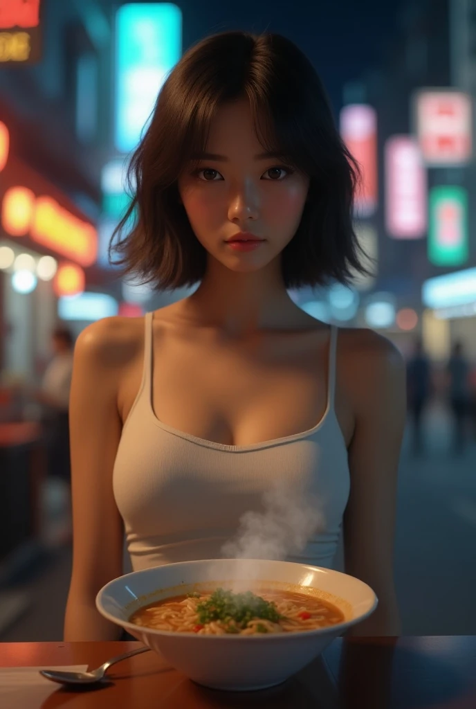 ((Realistic light ,  best quality , 【8k, masterpiece: 1.3)), clear focus: 1.2,  1 girl, Perfect body: 1.4, slim abs: 1.1, ((dark brown hair)), (White short top: 1.4), (outdoor, night: 1.1), City Streets, noodle soup,  charming eyes, double eyelids,
