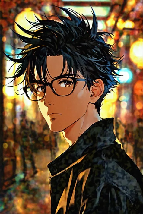 male、tall、Well-built、Black-rimmed glasses、 spiky hairstyle、Rin々Nice and gentle eyes 、 Slightly Bad Vibes 、refreshing、Singer、Modern People 、 Casual and Fashionable 、Illustrated style、One person、Brown eyes、