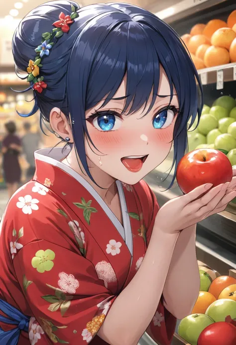 (Masterpiece,Top Quality,High Resolution:1.4),(8k,Raw Photo:1.3), (Professional Photo,Oblique Angle,Anatomically Perfect Body,Gaze,Leaning Forward,Mature Woman,Japanese Idol Face, (Realistic:0.5), (Fruit Detail, holding one large sweet summer in right hand...