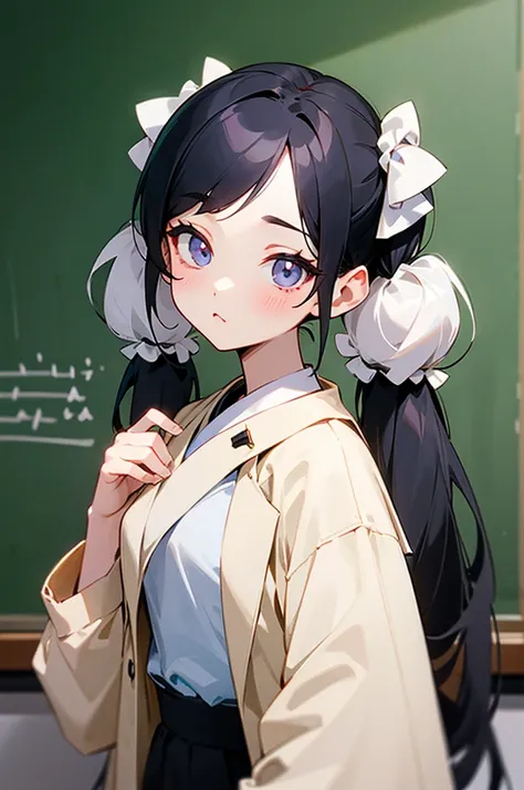   Black Hair  、cute、Beauty、womens doctor coat、  long twin tail、White scrunchie、White hairpin２t、Classroom blackboard