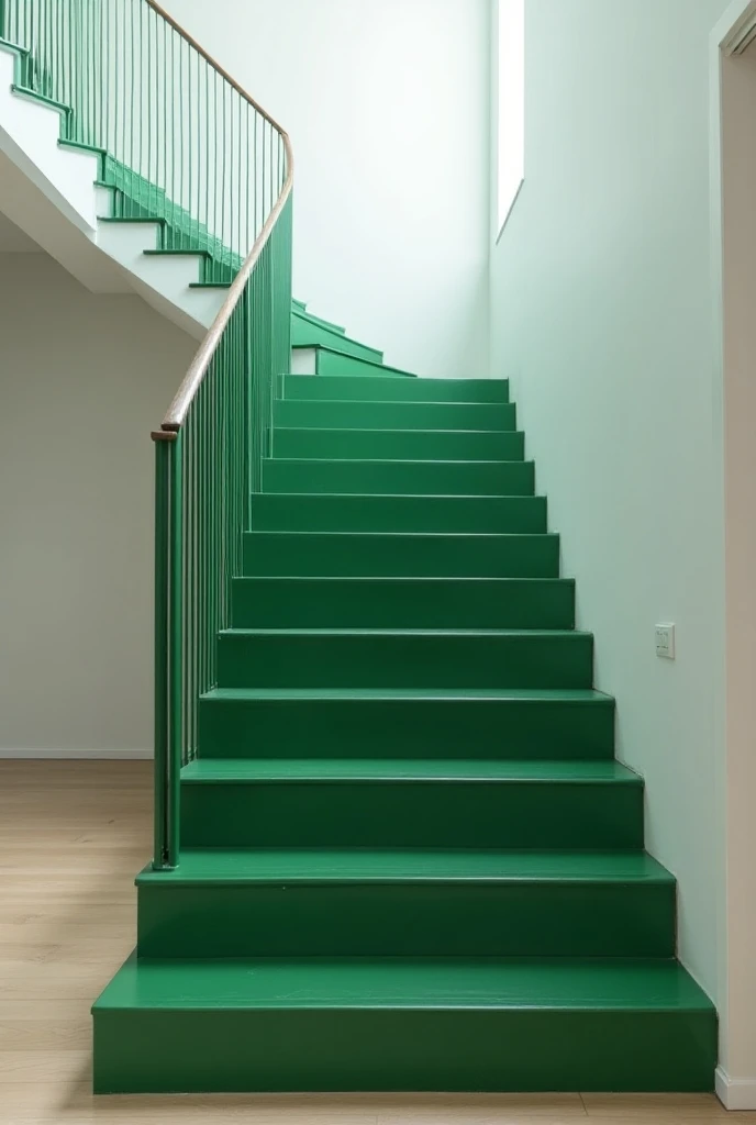 Create a simple staircase with green metal steps for home and a railing with a matching color