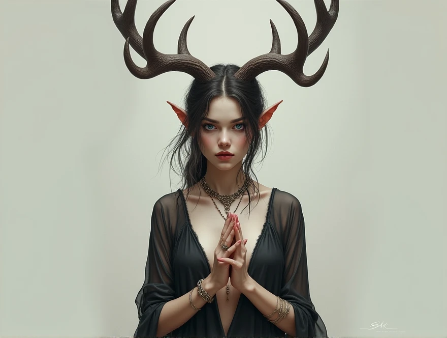 realist, LilithDiablo, 1 girl, antlers, standing alone, breastsout, blue colored eyes, central opening, looking ahead at viewer, medium breastsout, jewerly, cloused mouth, wide sleeves, own hands together, armors, demon antlers, multiple antlers, lips, don...