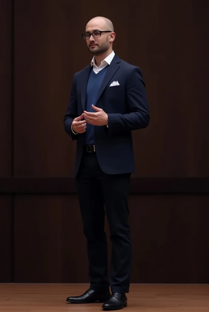 A young man, bald, with glasses, using a formal and social look for a lecture at an event.  The model is wearing a blue event t-shirt , well adjusted. over,  is a navy blue blazer , elegantly closed .  The lower part consists of black tailoring pants, that...