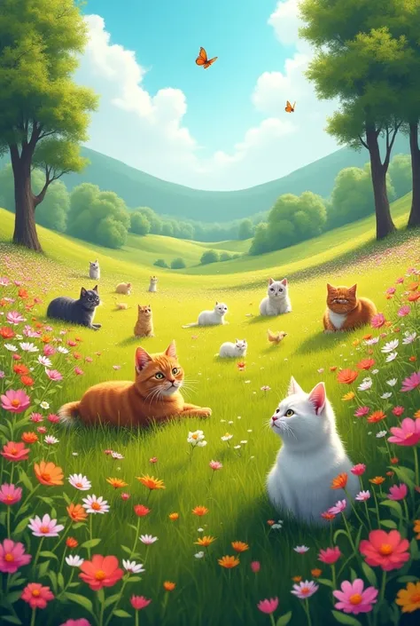 Flowery field full of cats