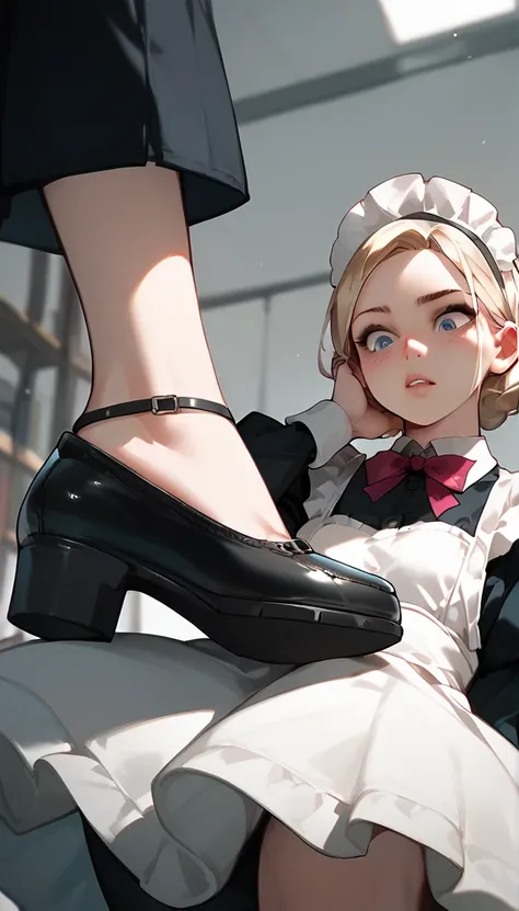 anime women, maid, raised leg, stomping of feet on throat, looking down, head out of frame, throw