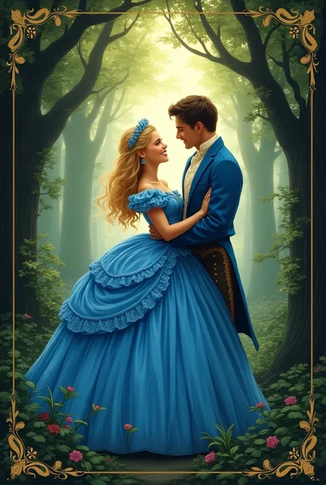 Do a marketing póster advertiding the show for cindirella blonde and with her blue dress and prince charming putting a twist in it as a prihibited romance and they are in the forest, and Also as if They were in the 1820’s do it like a drawing, and the titl...