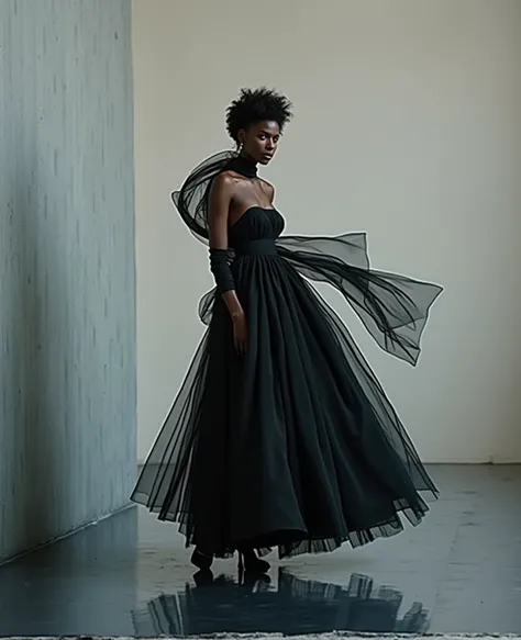 a woman in a black dress and white shawl is posing, nick knight, adut akech, in style of paolo roversi, in style of tim walker, avant garde supermodel, in style of nadine ijewere, black haute couture, avant garde fashion model, style of paolo roversi, paol...