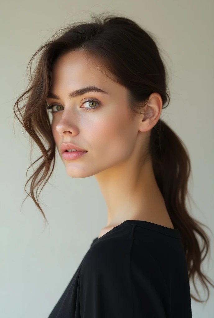 A European girl with brown hair with a ponytail photo, her hair is taken away, there is no hair on her face, the ponytail is lowered on her back, the hair parting goes diagonally without bangs, bangs go sideways