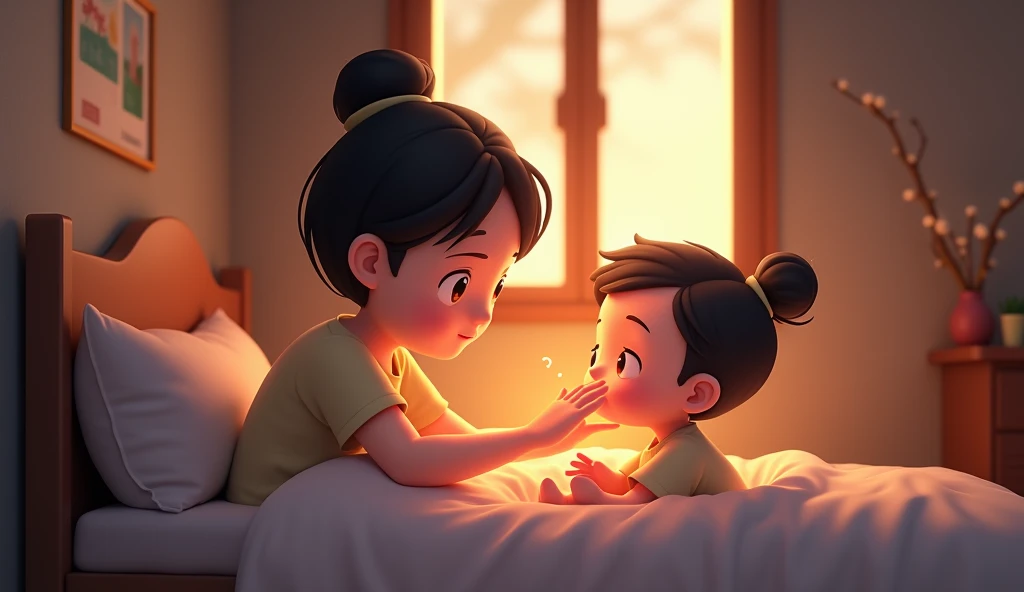  A quiet evening ,  in the small room ,  the wind outside the slit quietly creaked through the door frame . Baby Minh ,  cartoon chibi 3D  khoảng năm tuổi,  lying still in bed ,  rosy face ,  hot vaporized forehead and lim dim eyes,  occasional slight moan...