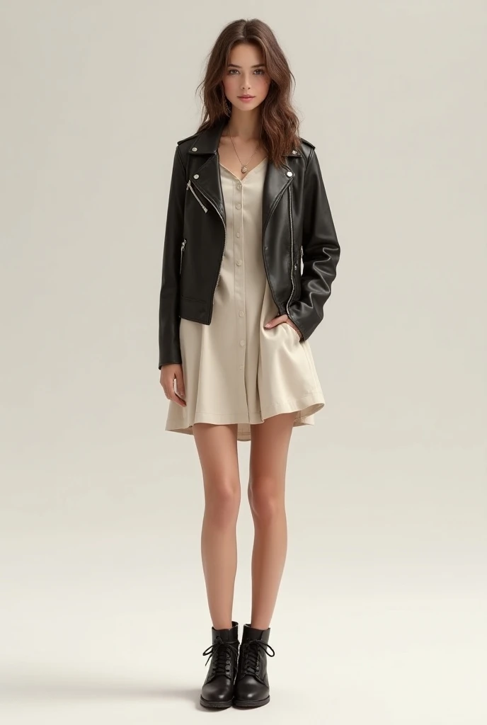 A shift dress or a shirt dress in a solid color or with minimal patterns, paired with a fitted leather jacket or a oversized cardigans with ankle boots or sneakers for girl