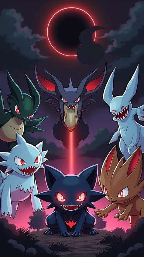 Pokemon style, an eclypse in the sky, in the land dark type and ghost type pokemon, gebgar, ghastly, houndoom, darkrai, shippet, git flashy red eyes and red mist pouring fron their eyes, they look savage and rabid