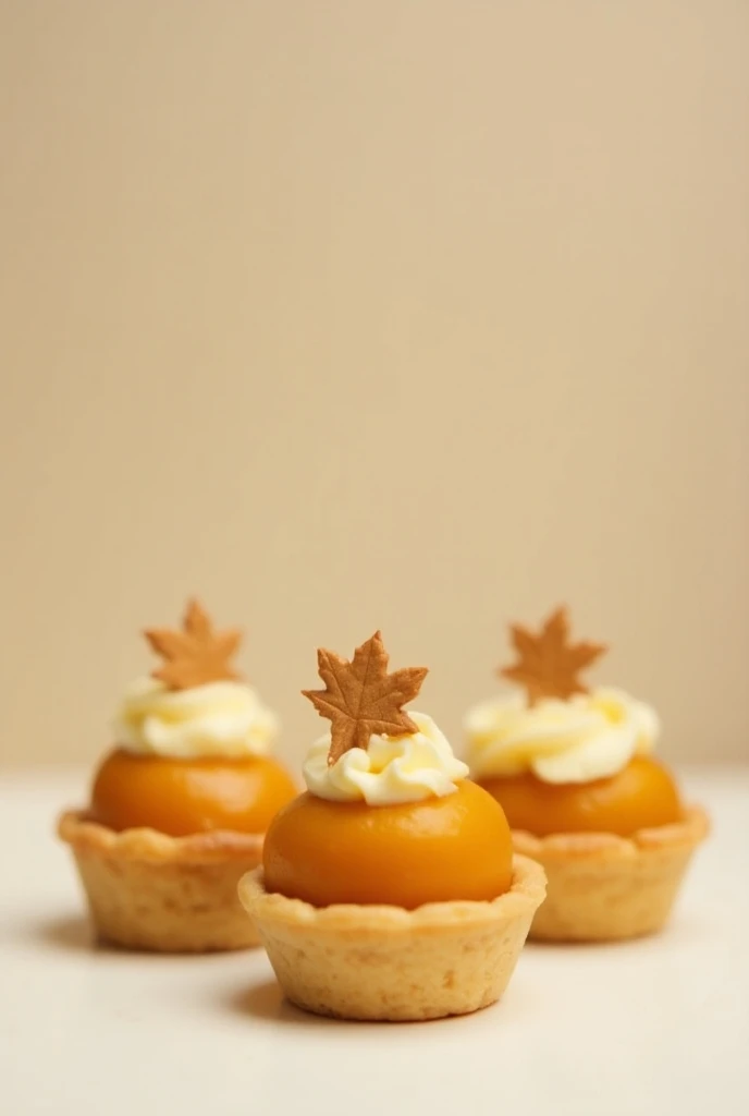 Pumpkin tartlets in the shape of a sphere with cream decoration and on top of it a mapple cookie decoration