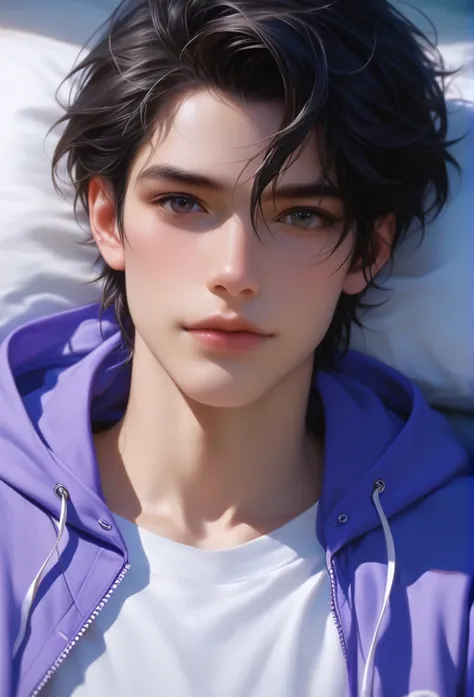 score_9, score_8_up, score_7_up, A hyper realistic ultra detailed photo of hansome man, fancy hair ,  black  hair, ultrarealistic, elegant,  body, perky boobs, perfecteyes, , upper body  , close up, portrait, looking at viewer, amusement  ,  laying on back...