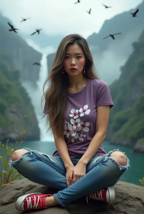 Full 8k Thai woman with long brown hair with grey highlights, brown eyes, long arched eyebrows, high nose, pink cheeks, bright red lips, red gemstone earrings, 34 inch chest, wearing a tight dress, purple t-shirt with white frangipani flowers, ripped jeans...