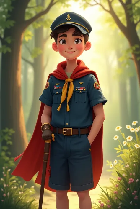 Name:  Hope

Appearance : A tall teenage boy scout who wears a dark blue uniform symbolizing nature and peace .  He has a welcoming smile and bright eyes ,  filled with hope .

Accessories: a red cape,  representing power and courage .  He also carries a b...