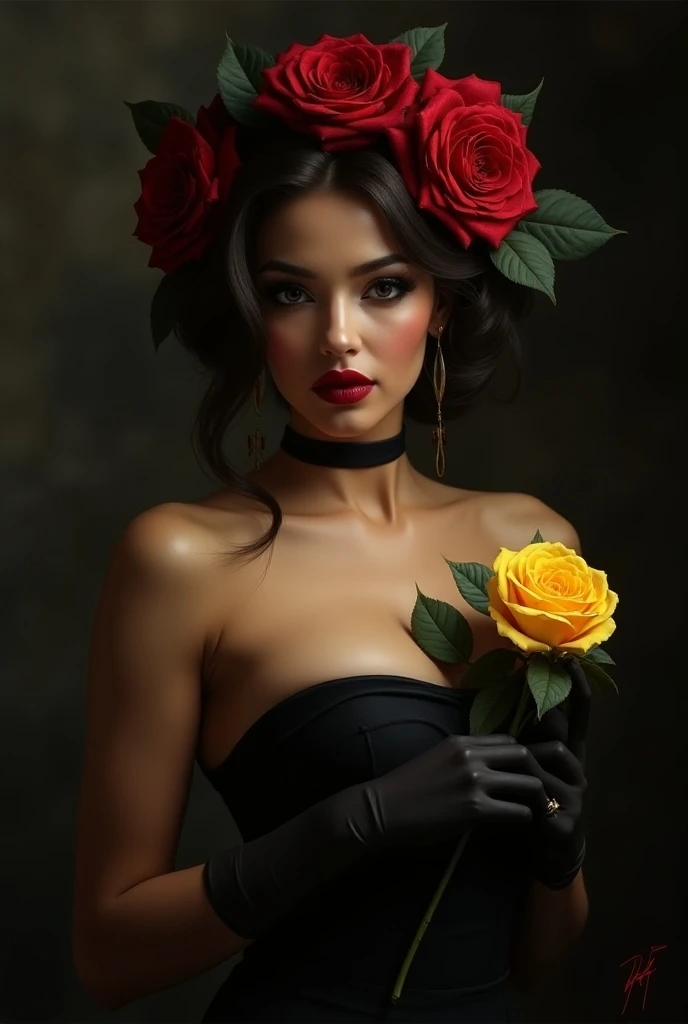 a yellow rose in her hand with a black and white background, red roses in her hair, charcoal lips, beautiful classical art, very attractive big white breasts, holding a yellow rose, smile very attractive, classic noir, tom bagshaw art style, gorgeous art, ...