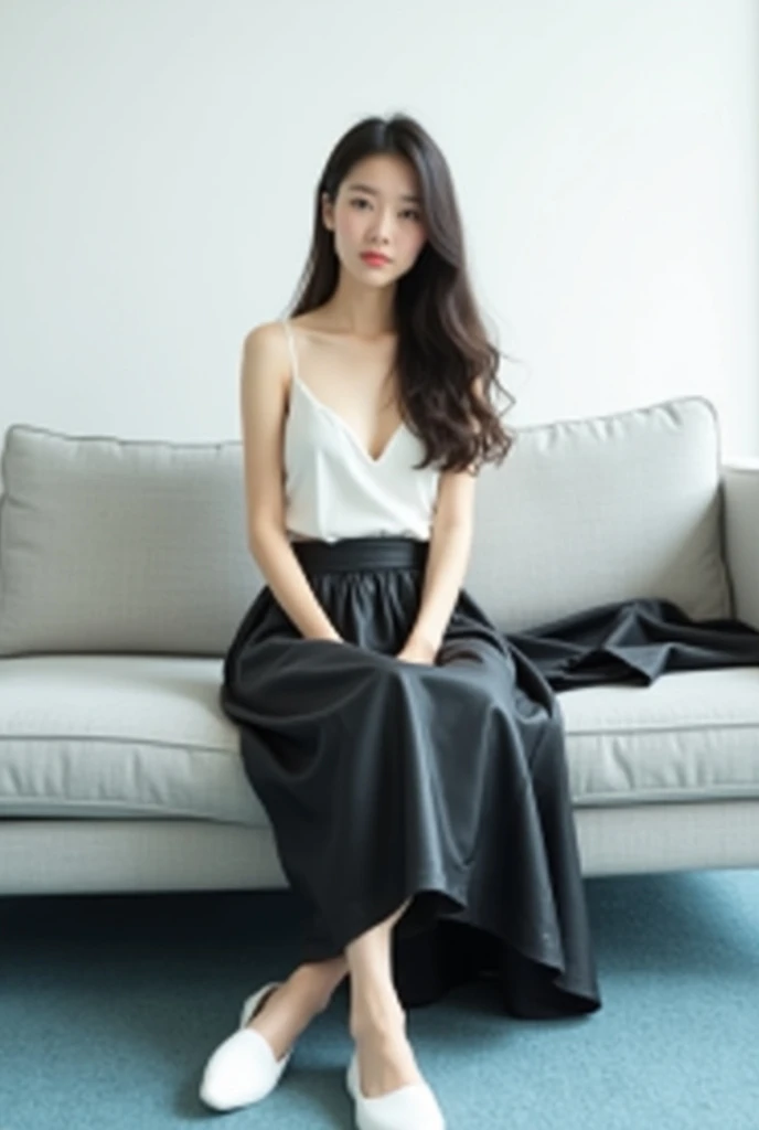 A beautiful lady, asian, Japanese,
Long hair, 
Low height,
Cross legs sitting on a light grey sofa in front of white wall in a new office with light blue carpet,
Wearing a white camisole,
Wearing a shiny black leather big a-line full circle long skirt ankl...