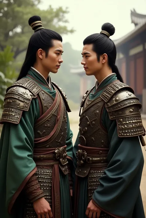 Young handsome emperor and his young, strong and handsome general, the general wears armor, both persons have no beard, both are western faces with chinese ancient clothes, they keep some distance from each other