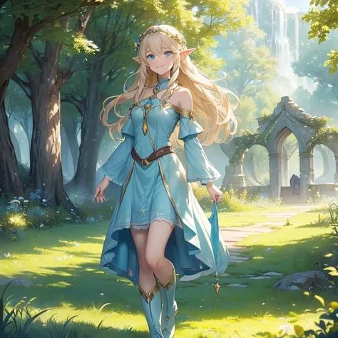 Masterpiece, HD, high resolution, best quality, high quality. High fantasy genre, Fantasy artwork.
{{(An Elf teenage princess of 160-years-old:(fair skin. Pale-golden messy long hair. Beautiful light-blue eyes. Absolute teenage. beautiful face. beautiful f...