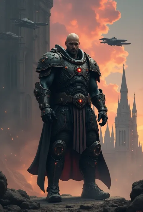 man. 
legs with boots. 
with armor. 
calvo. 
Without Beard. 
 The background of the portrait is a fantastic castle, 
with spaceships.
The sky has stars and big red clouds . 
Warhammer 40000 art and design.

