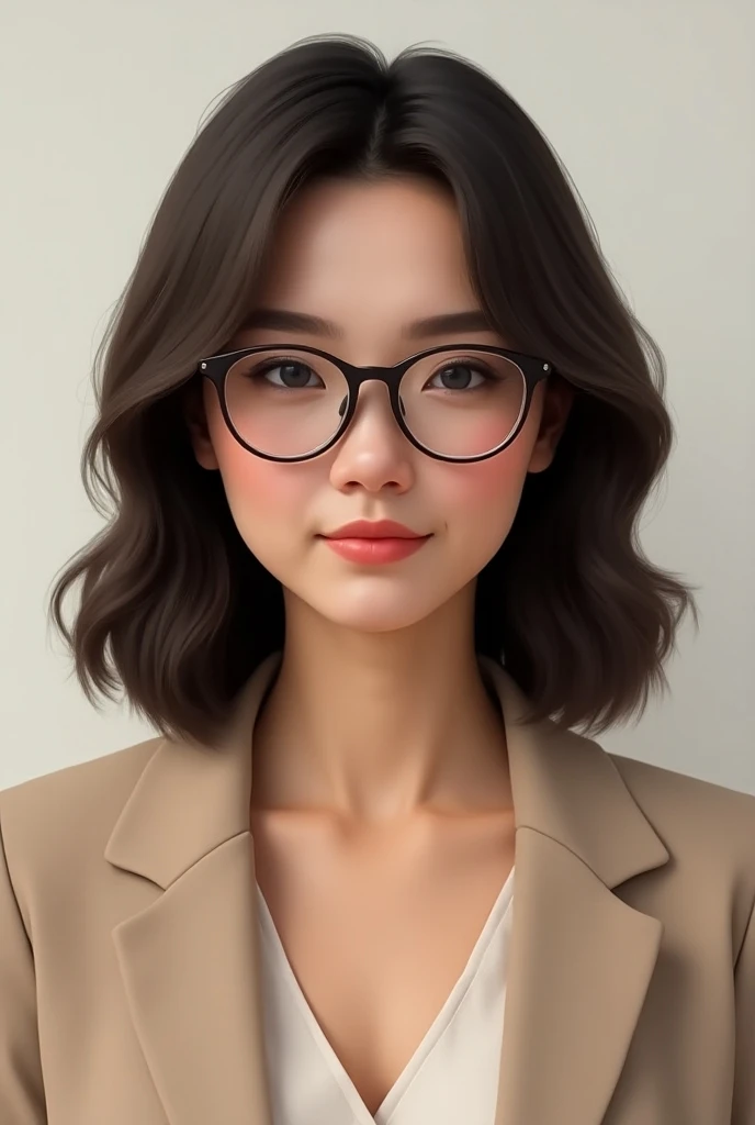 create a female avatar in , a white woman, wavy dark brown hair, wearing glasses, wearing a beige blazer neutral image background