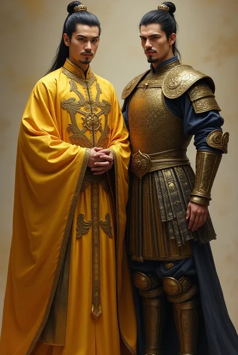 Young handsome emperor and his young, strong and handsome general, the emperor wears golden gown, the general wears armor, both persons have no beard, both are western faces with chinese ancient clothes, the emperor stays ahead and the general is a step be...