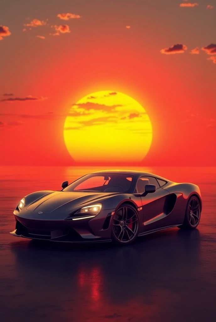  ** Create an image with the following characteristics :**

* **sports car:** A SPORTS CAR , modern and elegant.  The car must be of a metallic color that contrasts with the background and looks powerful and dynamic. 
* **Sun at Dawn :**  A vibrant and bri...