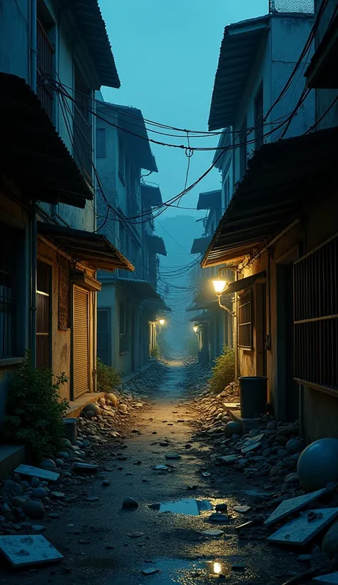 Nighttime panoramic view of an alley full of debris from the war between gangs in the Rocinha favela in Rio de Janeiro, realistic image with cinematic lighting and scene brought to life by the magic of Pixar.