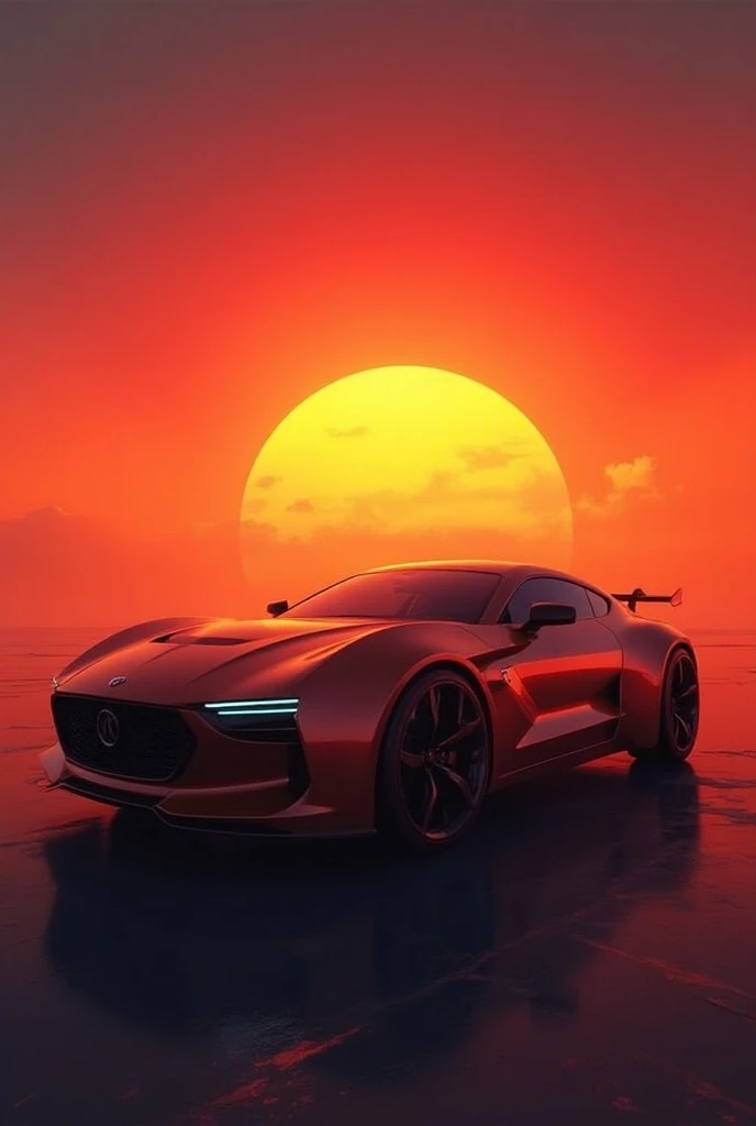  ** Create an image with the following characteristics :**

* **sports car:** A SPORTS CAR , modern and elegant.  The car must be of a metallic color that contrasts with the background and looks powerful and dynamic. 
* **Sun at Dawn :**  A vibrant and bri...