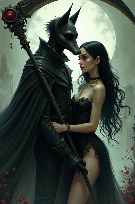 A boy wearing a fox mask and a scythe with a girl with long black hair with a big breast 