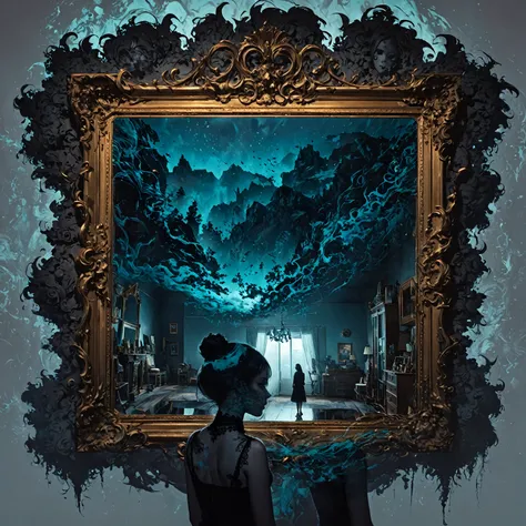 a mesmerizing and vibrant double exposure photograph with a cinematic flair, depicting a person standing in a dimly lit, cluttered room with intricately detailed, mysterious objects scattered around, gazing intensely into their own reflection in an ornate,...