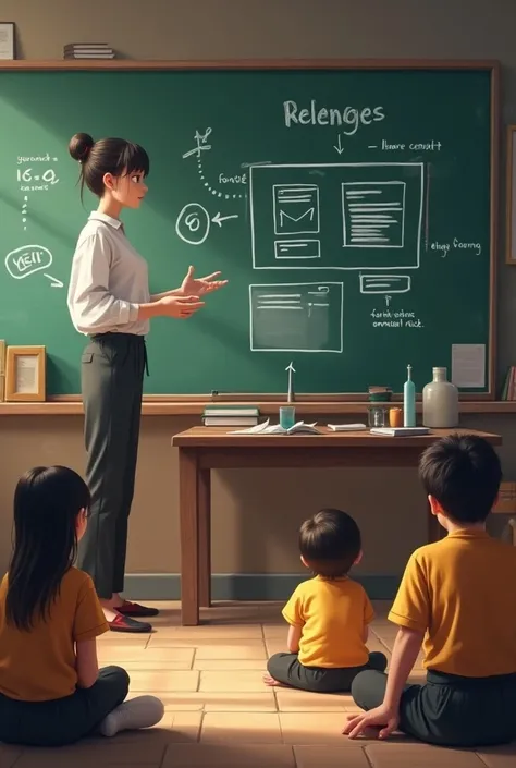 There is a blackboard on which a picture of Gmail is drawn and some ren are sitting on the ground and the teacher is explaining about Gmail with the help of gestures on the blackboard.