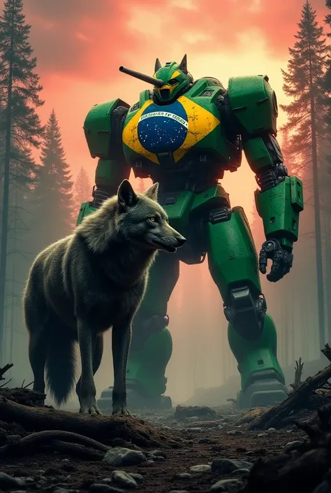 Wolf guards war robot with the colors of the Brazilian flag in a destroyed forest 